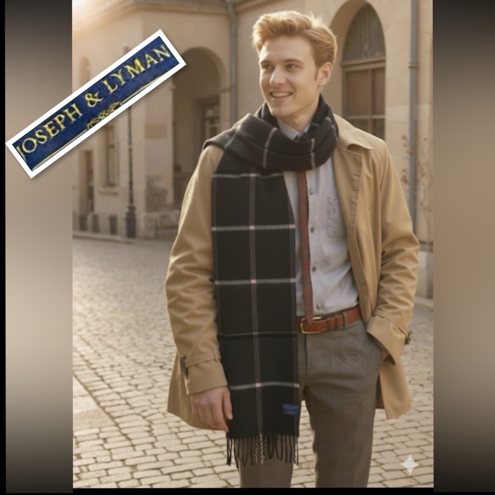 JOSEPH & LYMAN Made In Germany 100%CASHMERE Classic Windowpane Plaid Men's Scarf